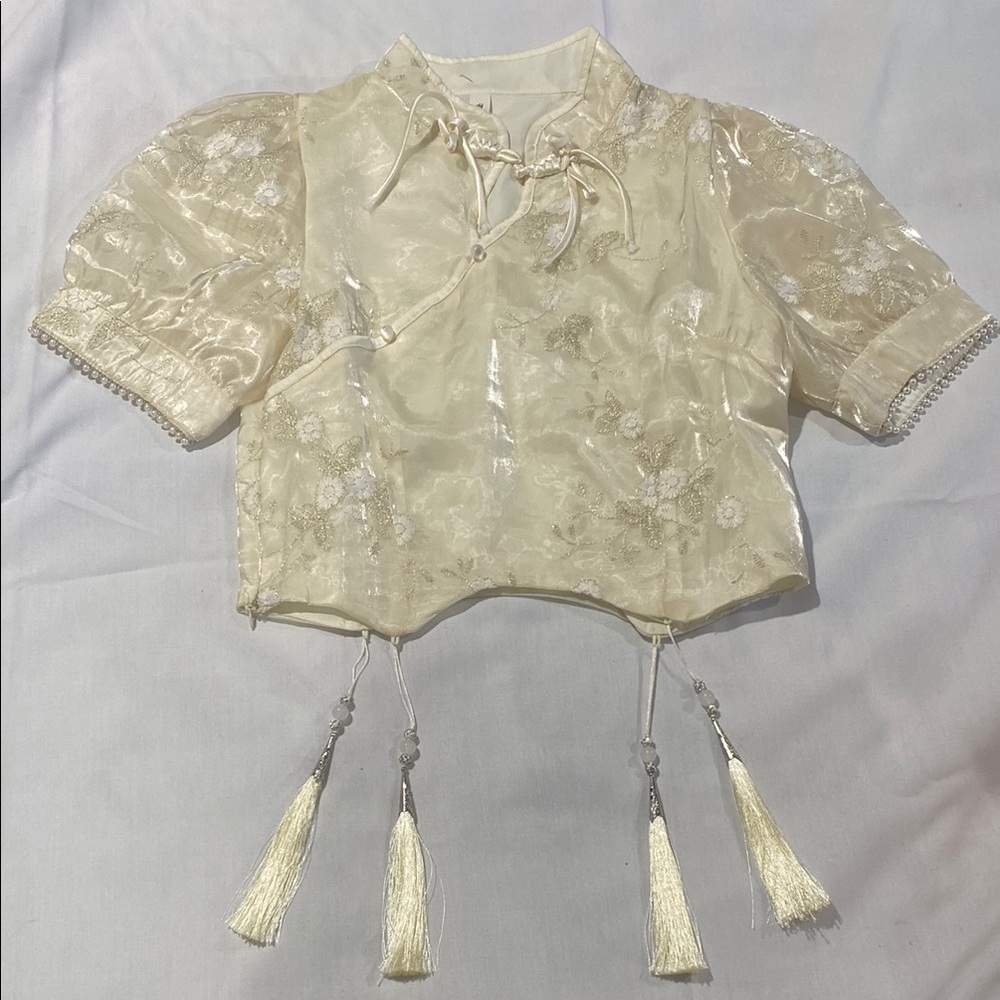 Cream Embroidered Cropped Blouse with Puffed Sleeves